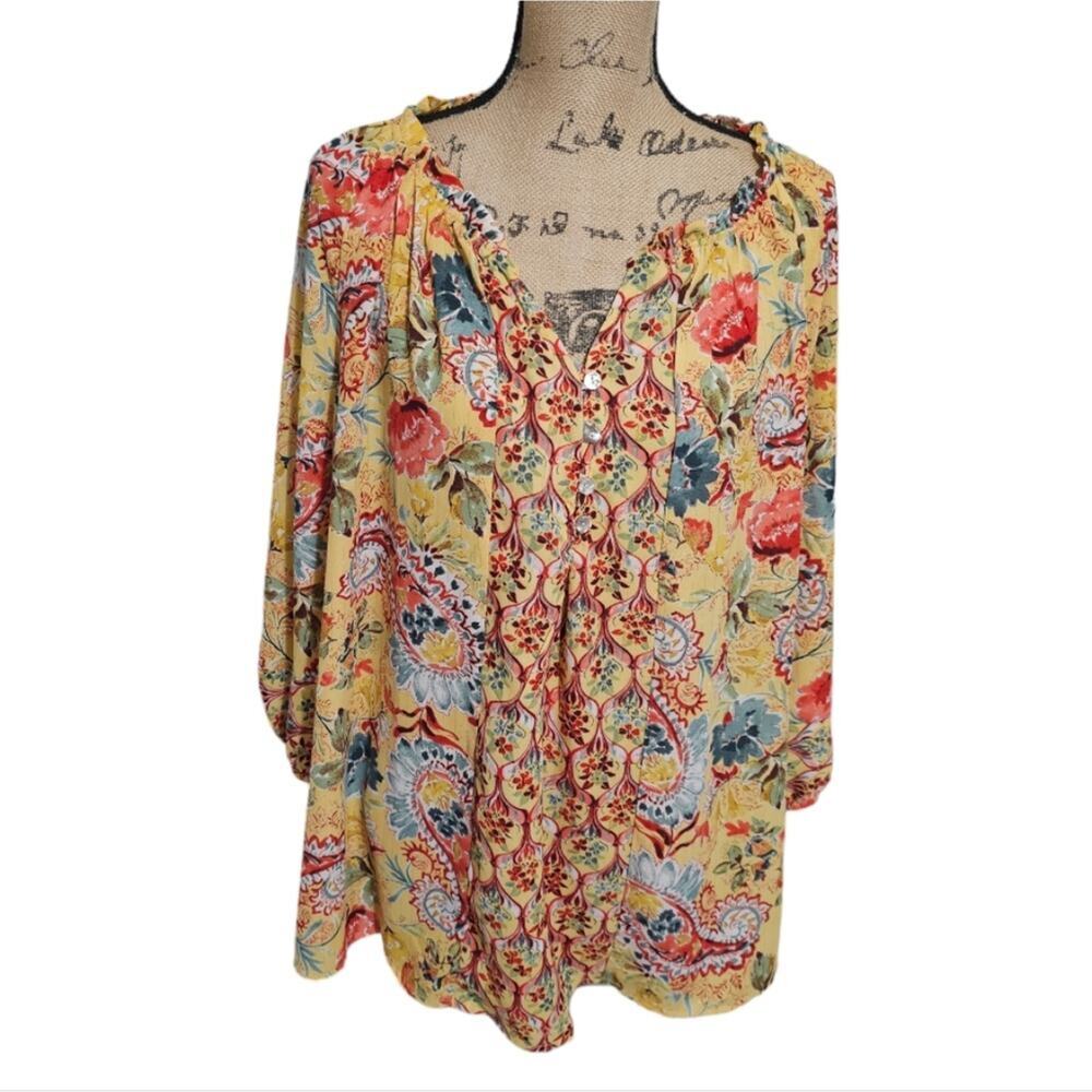 Anthropologie x Fig and flower Yellow Floral Patchwork Look Blouse Plus Size 2X